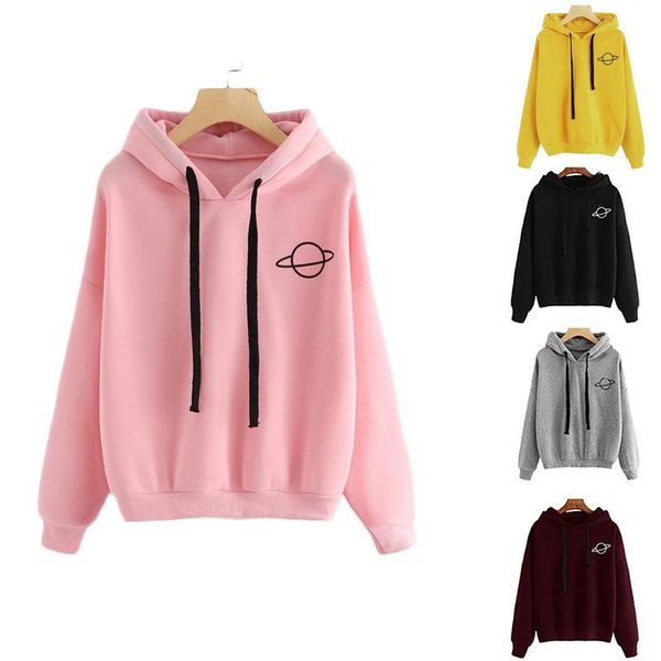 

women's hoodies & sweatshirts 2021 women casual planet print solid loose drawstring sweatshirt long sleeve hooded autumn female pullove, Black