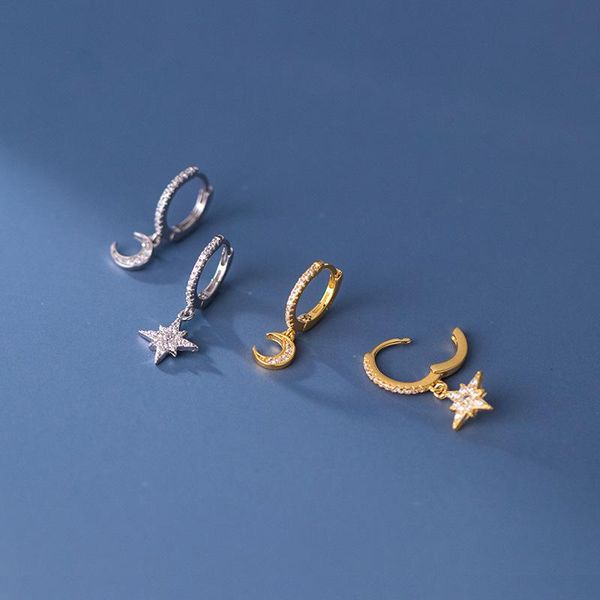

hoop & huggie asymmetry earrings authentic 100% real. 925 sterling silver fine mini cz set + moon star ear c-g8666, Golden;silver