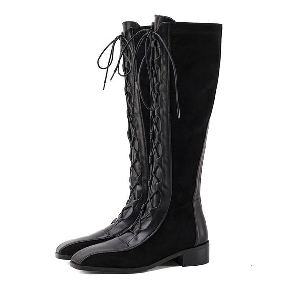 

boots brand women knee high autumn winter shoes est long low heel woman genuine leather warm flock 75ub, Black