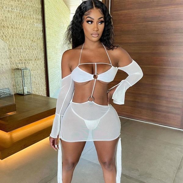 

women's jumpsuits & rompers white mesh bodycon dress women long sleeve hollow out see through mini vacation outfits summer be, Black;white