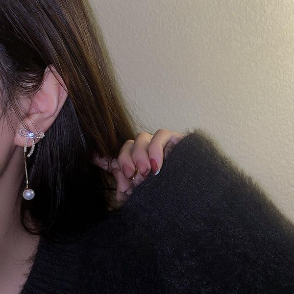 

dangle & chandelier 2021 trendy geometric crystal pearl bowknot earrings for women simple temperament long tassel earring korean fashion jew, Silver