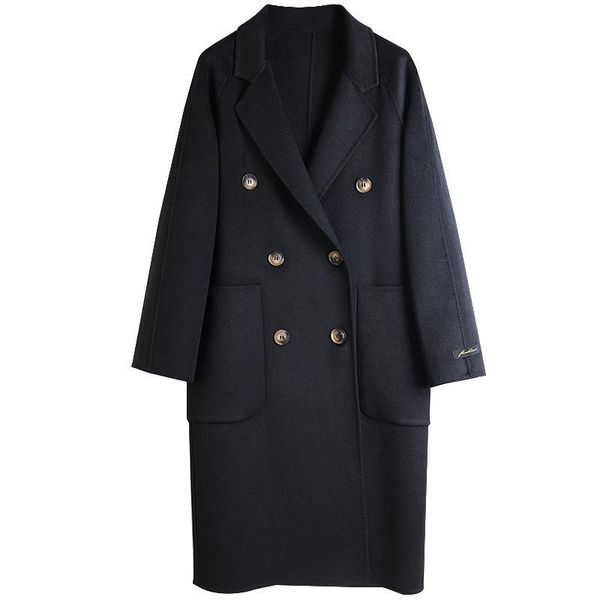 

women's wool & blends 2021 double-sided mid-length suit collar double-breasted loose korean style hand-sewn woolen coat womenb167, Black