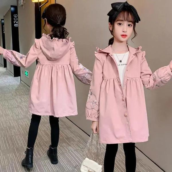 

coat spring autumn blue pink color long jackets for girls teenager fashion kids hooded windbreaker outerwear children baby trench top, Blue;gray