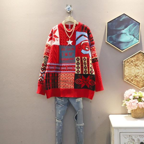 

[ewq] color contrast versatile pattern loose big sweater for women long sleeve o-neck collar fashion tide 2021 spring gd1106 women's sw, White;black