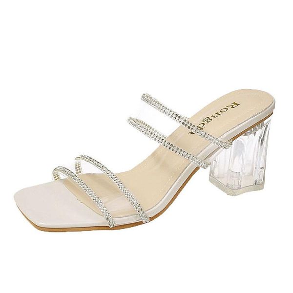 

summer transparent rhinestone sandals and slippers female wild square head with high-heeled, Black