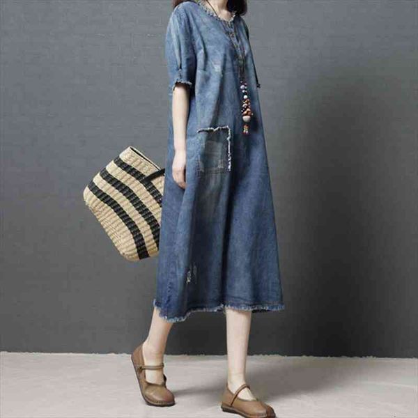 

denim korean style blue womens dresses vintage summer o-neck patchwork cloths casual loose, Black;gray
