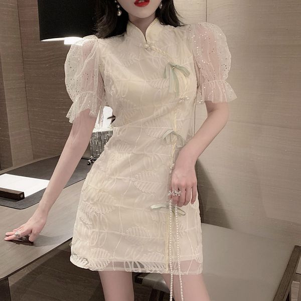 

2021 new light retro diagonal skirt, pearl leaf embroidery mesh bubble sleeve, impd cheongsam, style, summer jwu7, Black;gray
