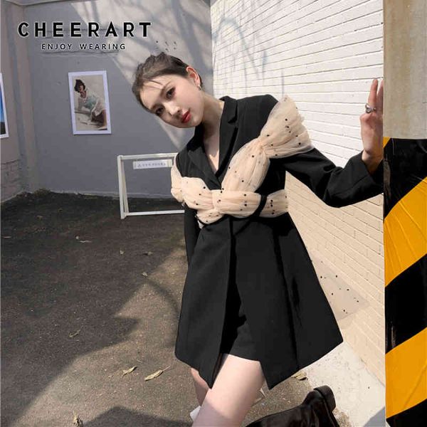 

backless mesh bow black blazer dresses for women desinger runway fashion laides long sleeve mini dress 210427, Black;gray