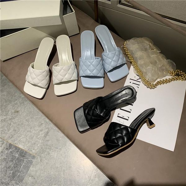 

low female shoes ladies' slippers thin heels square toe med 2021 summer rubber rome pu basic fabric slides hoof, Black