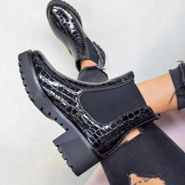 

boots [gogd] winter 2021 women's shoes round head flat heel elastic band patent leather stone pattern british style, Black