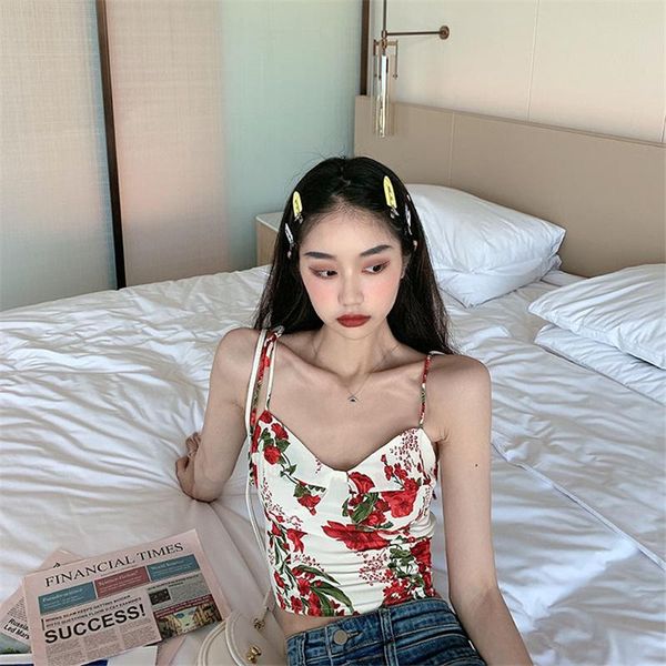 

retro floral camisole feminine outer wear short printed tight-fitting hyuna style sleeveless women's tanks & camis, White