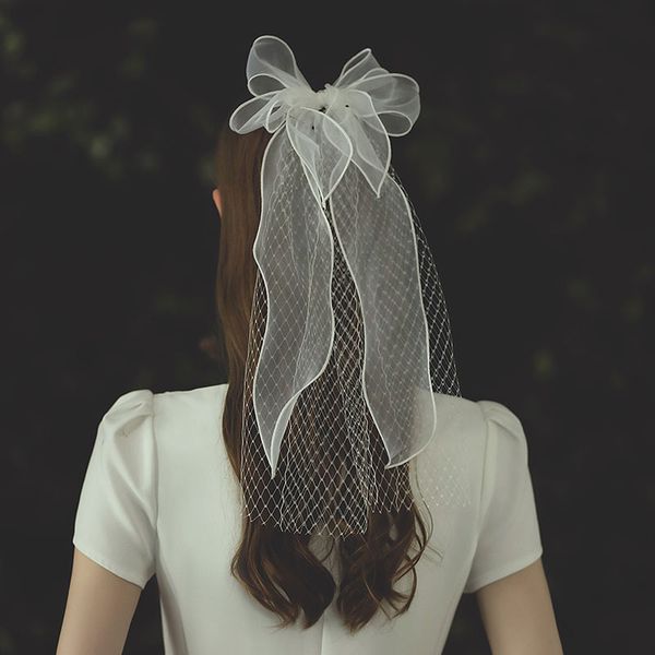 

v723 elegant shoulder white wedding veil soft tulle bowknot netting two-layer bridal marriage party headdress for bride, Black