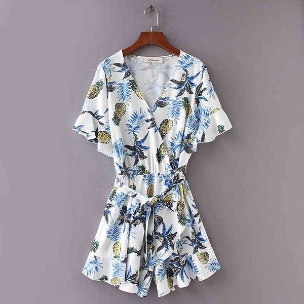 

summer pineapple printing v neck ruffled hem conjoined shorts fashion women short sleeve jumpsuits casual siamese pants p521 210430, Black;white