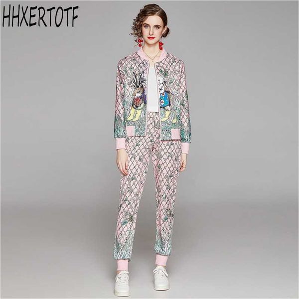 

autumn winter runway 2 piece womens sets vintage floral print collar long sleeve jacket coat+ pant suits outfits 210531, White