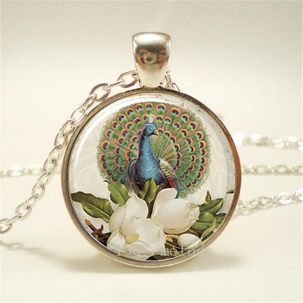 

peacock animal creative po cabochon glass chain necklace,charm women pendants fashion jewelry gifts chains, Silver