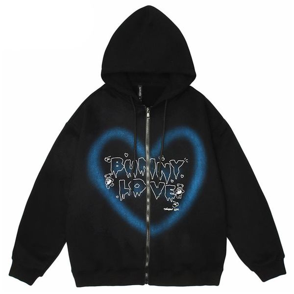 

men's hoodies & sweatshirts autumn men hip hop zipper pullover graffiti heart letter bear print streetwear harajuku casual hooded jacke, Black