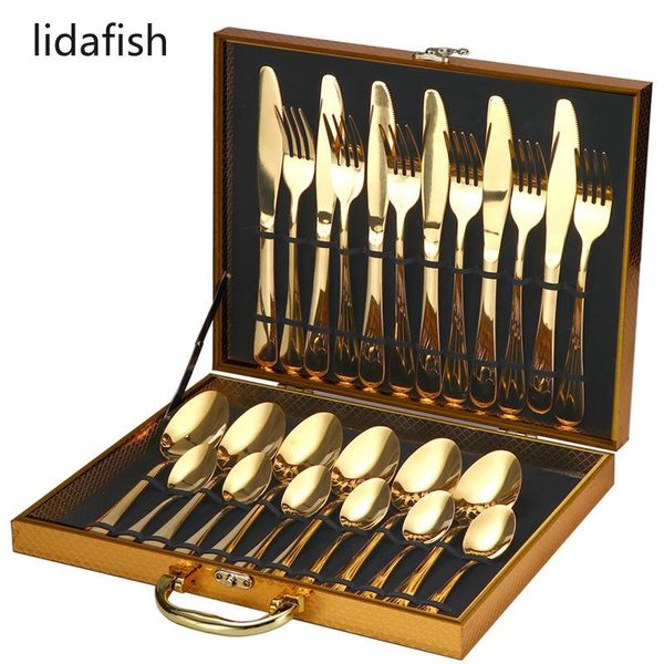 

lidafish 24pcs/set stainless steel dinner gold dinnerware set luxury tableware knife fork spoon flatware sets