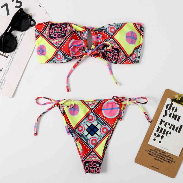 

Women' Bikini Swimwear Bra Lace Up Split Triangle Printed Sexy Double Sided, Yellow