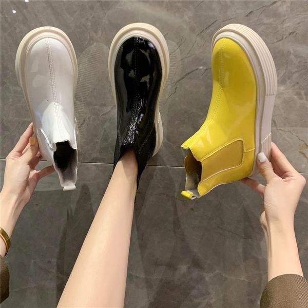 

dress shoes patent leather boots women keep warm platform round toe mid heel slip on for with plush plus size 40 tnwc, Black