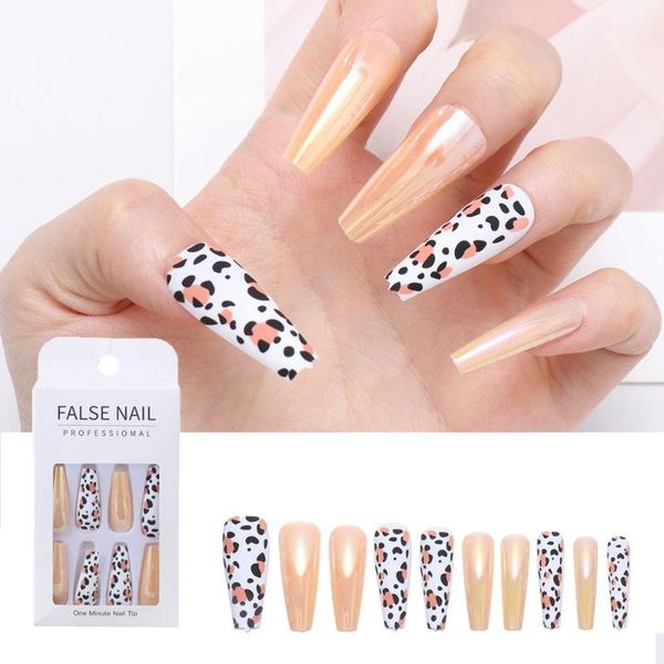 

false nails 24pcs jelly gum matte leopard beauty t-shaped fake nail extra long ballerina coffin tip, Red;gold
