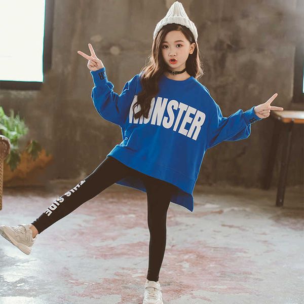 

2021 new winter kids clothes suit girls autumn clothing korean casual big children's letter sweater+ leggings 2pcs set for 4-13y y0909, White
