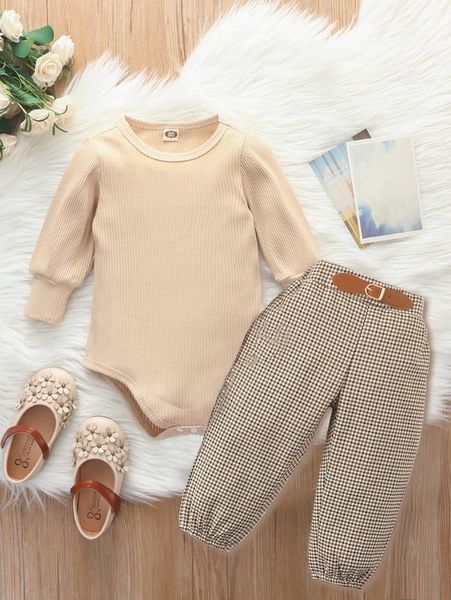

baby ribbed knit bodysuit & plaid print buckle pants she, White