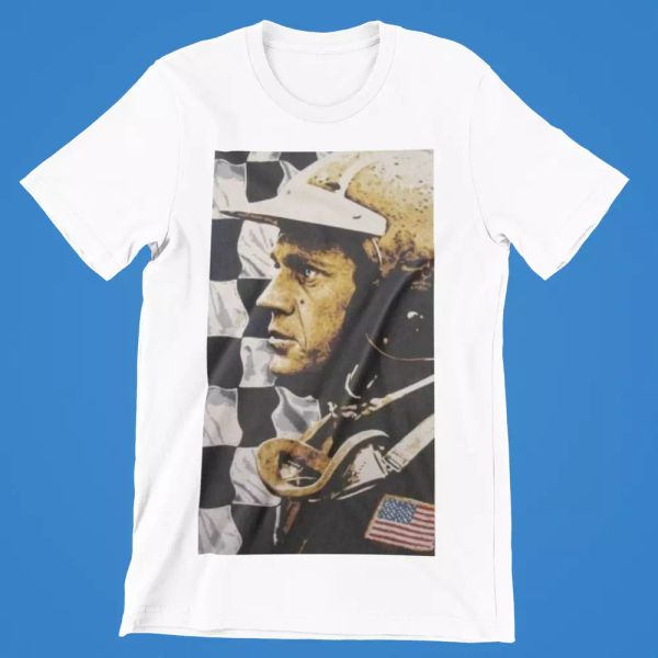 

steve mcqueen t-shirt racer le mans 24 movie retro film car bike, White;black