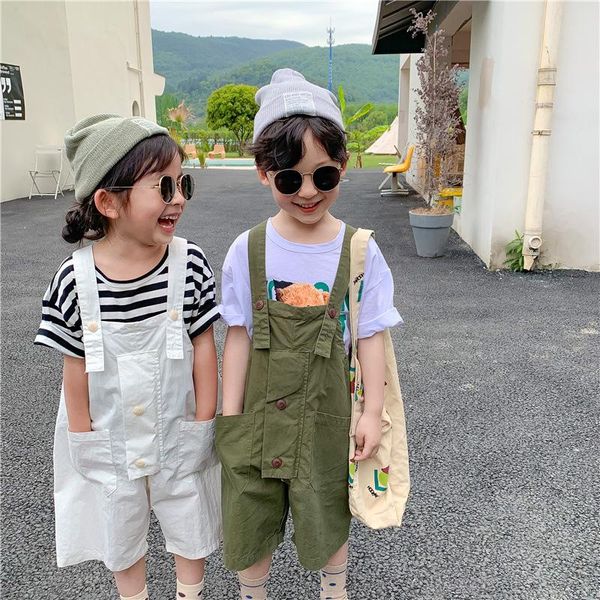 

korean style boys and girls solid color wide leg overalls 2021 summer loose suspender trousers jumpsuits, Blue