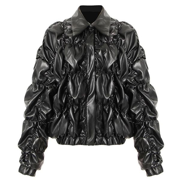

women's leather & faux women black winter jacket thick warm ruched high street coat
