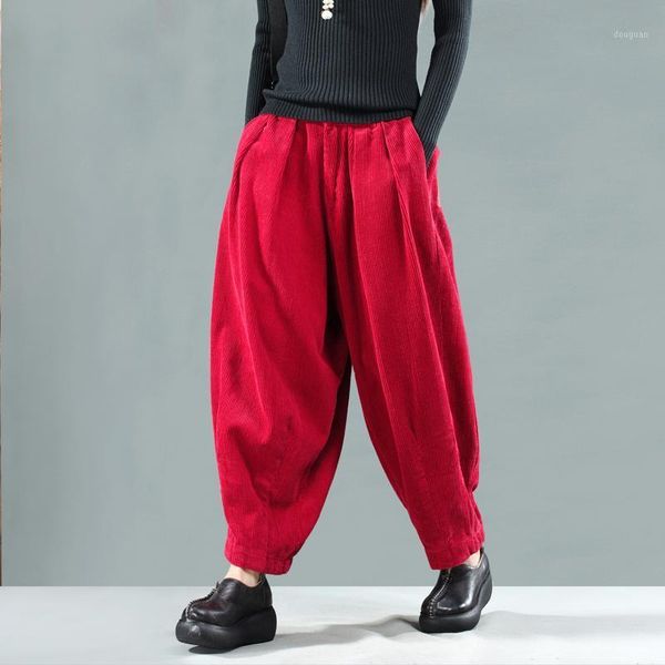 

women's pants & capris autumn winter retro women large size loose trousers elastic waist button pocket corduroy female casual 2021, Black;white