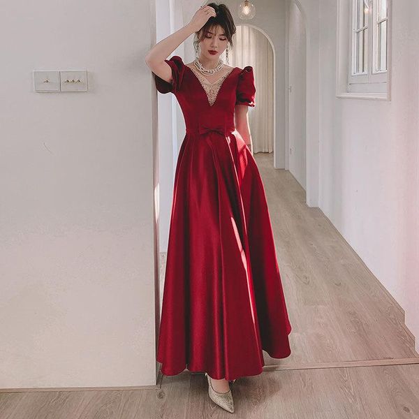 

ethnic clothing elegant puff sleeve burgundy female cheongsam sweetheart neck bowknot qipao temperament floor length bride wedding dres, Red
