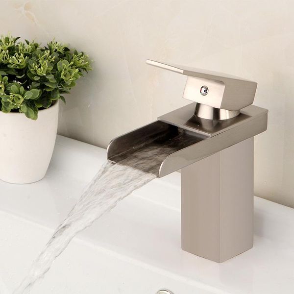 

bathroom basin faucet brass vanity vessel sinks washbasin cold water mixer tap waterfall deck mount brush finish single hand sink faucets