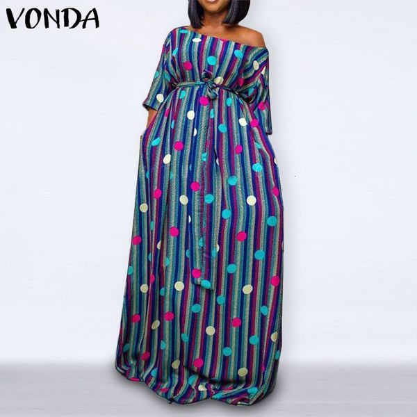 

dresses women polka dot 2/3 sleeve long maxi dress 2021 vonda off shoulder sundress prited floral vestido plus size, Black;gray