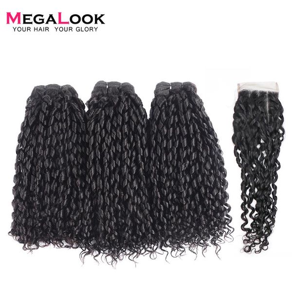

human hair bulks megalook funmi telephone curl 3 bundles with 4*4 lace closure brazilian remy extensions bundle, Black