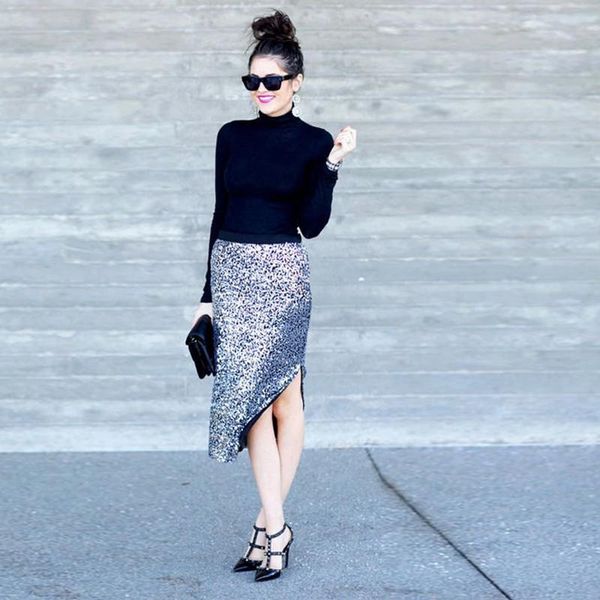 

skirts streetwear mid-calf silver sequined women stright side split custom made invisible 2021 arrival, Black
