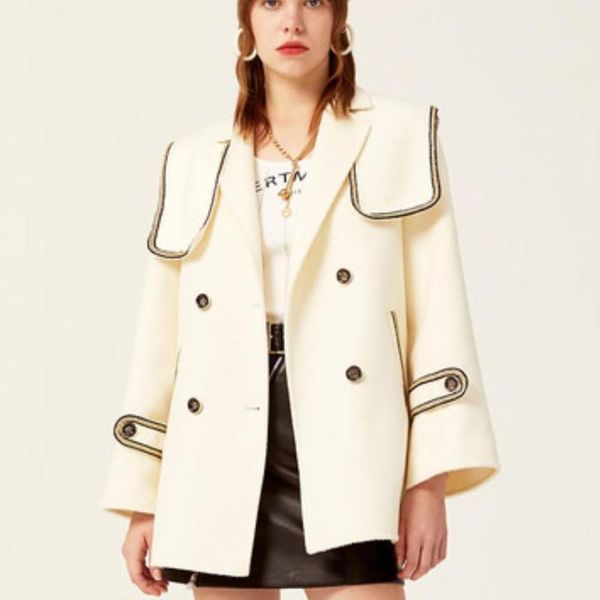 

women's wool & blends sailor style woolen coat women loose autumn cute fashion double breasted overcoat, Black