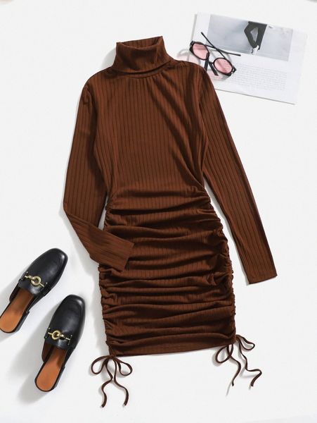 

ruched detail drawstring high neck dress t9ij#, Black;gray