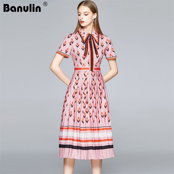 

banulin summer runway celebrity shirt dress women striped bow tie collar short sleeve geometry print midi pleated 210603, Black;gray