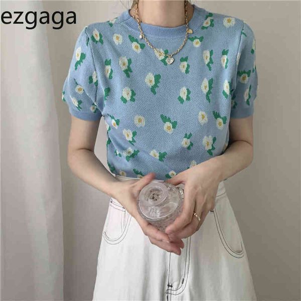 Ezgaga vintage floral impresso manga curta de malha tops mulheres verão novo coreano moda solta fina camiseta casual 210430