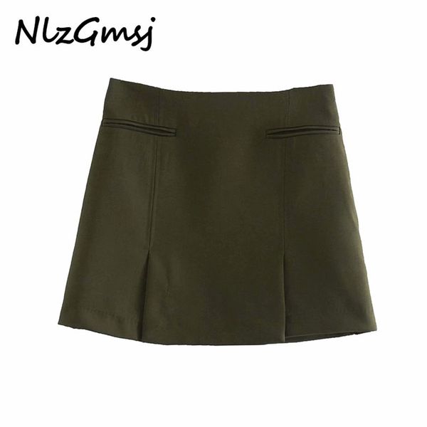 

nlzgmsj women chic fashion with pockets front vents mini skirt vintage high waist side zipper female skirts mujer 210628, Black