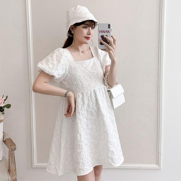 

maternity dresses black white summer fashion party dress puff sleeve square beading collar pregnant women a-line office lady