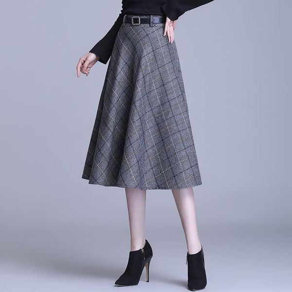 

skirts plaid midi 2021 ol lady professional long skirt young women high-waisted plus size a-line plested bsq023, Black
