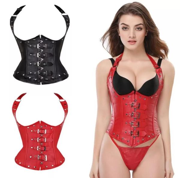 Shapers feminino plus size s-6xl sexy halter couro espartilho treinador de cintura gótico bustier e espartilho para top women steampunk corse