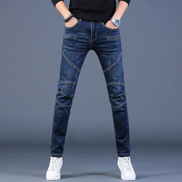 

men patchwork jeans fashion motorcycle pants blue slim fit straight denim trousers men's