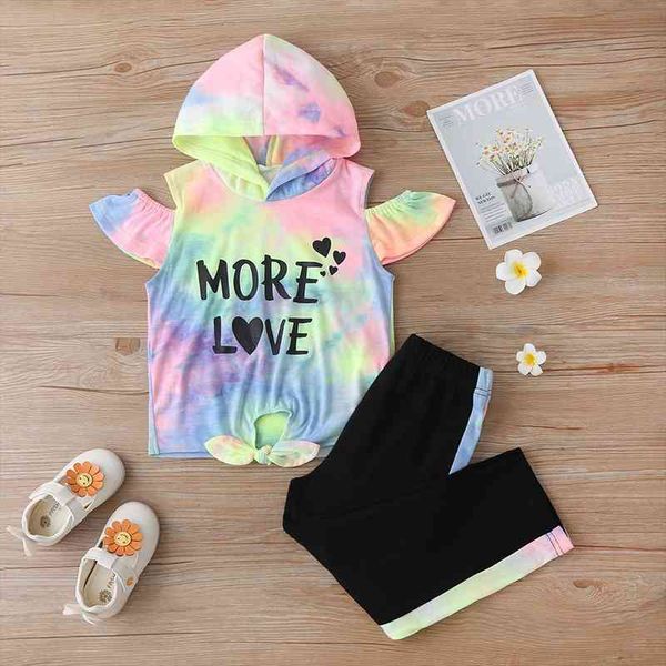 

1-6y summer causal kids girls clothes sets tie-dye letter printed hooded off shoulder pants, White