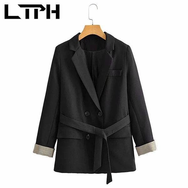 

ltph vintage black women blazer long sleeve plaid sashes loose casual blazers jackets mid-length lady suit coat spring 210423, White;black