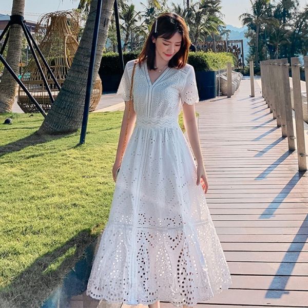 

women vintage summer white flower short sleeve v neck hollow out lace midi dress elegant female party dresses vestidos 210514, Black;gray