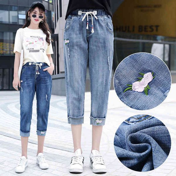 

women's jeans large size thin elastic waist embroidered capri pants loose straight tube show hole casual, Blue