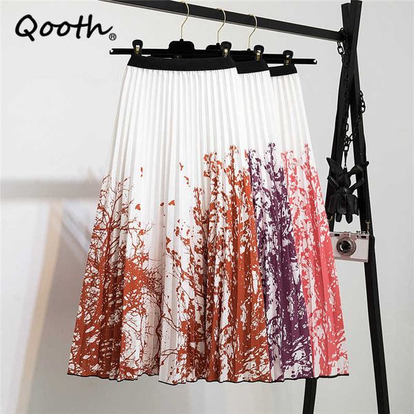 

qooth stretch printed floral pleated skirt mid-length flexible waist european style fashion high a-line qt579 210609, Black