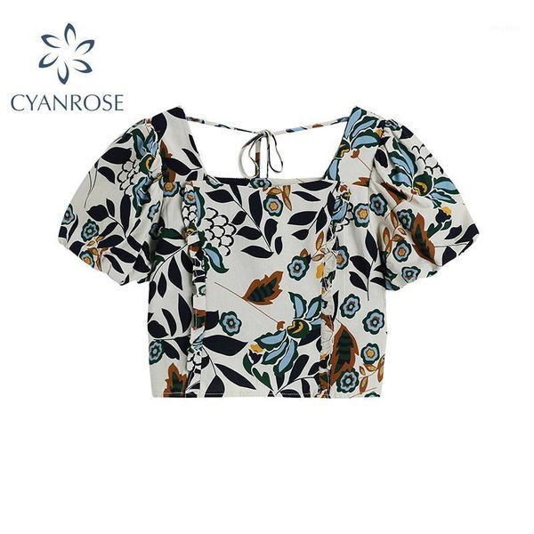 

women's blouses & shirts french vintage square collar puff sleeve lace up female summer 2021 floral printed short streetwear blusas muj, White